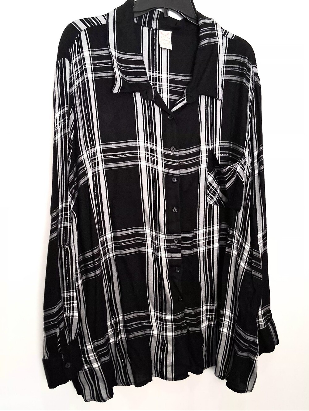 Faded Glory Black and White Plaid Women's Button-Down Shirt Size 4X